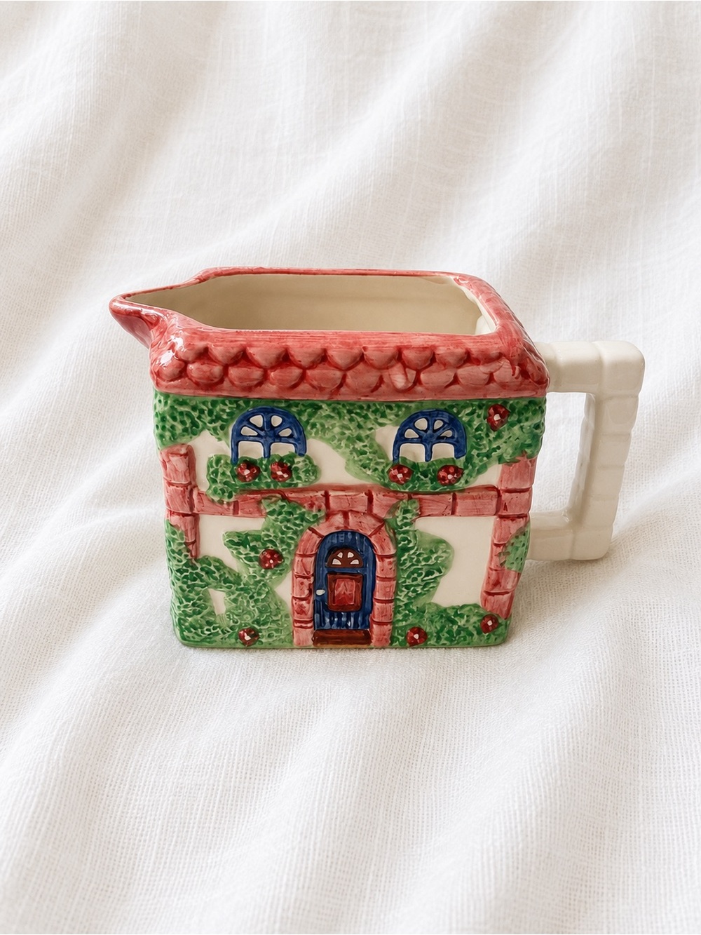 Hand-Painted Cottage Cream Ceramic Pitcher with Red Roof